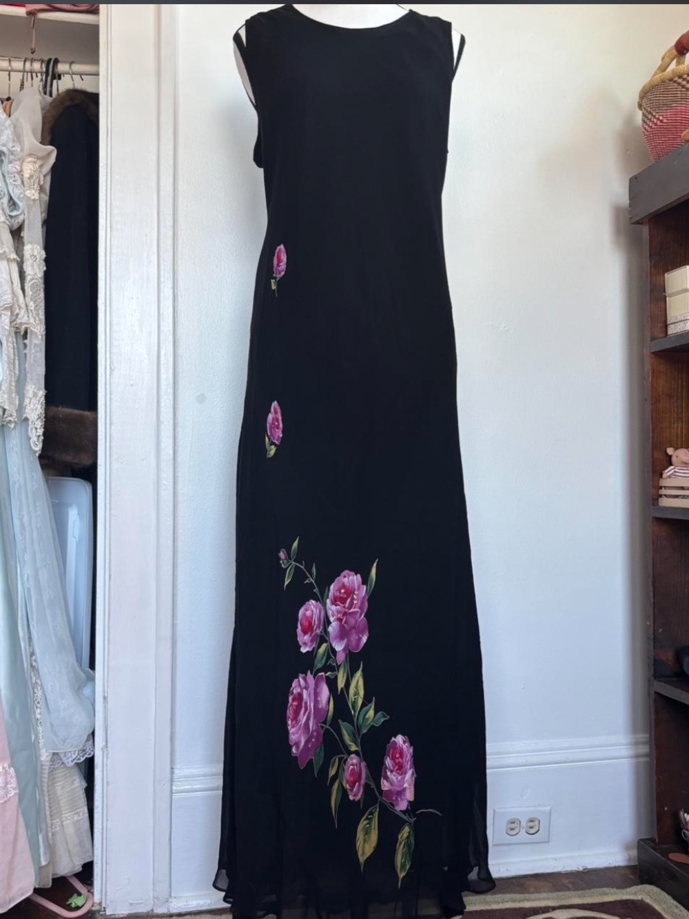 Y2k Black Maxi Dress with Pink Floral beaded Embroidery